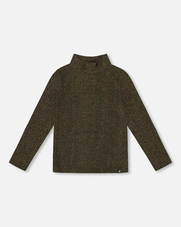 Deux Par Deux Girls Ribbed Mock Neck Long Sleeve Top  H20OG70   Black/Gold Lustre