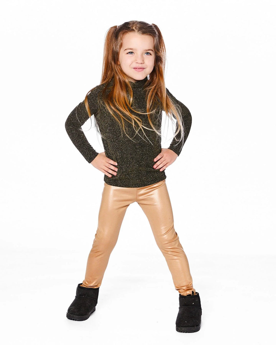 Deux Par Deux Girls Ribbed Mock Neck Long Sleeve Top  H20OG70   Black/Gold Lustre