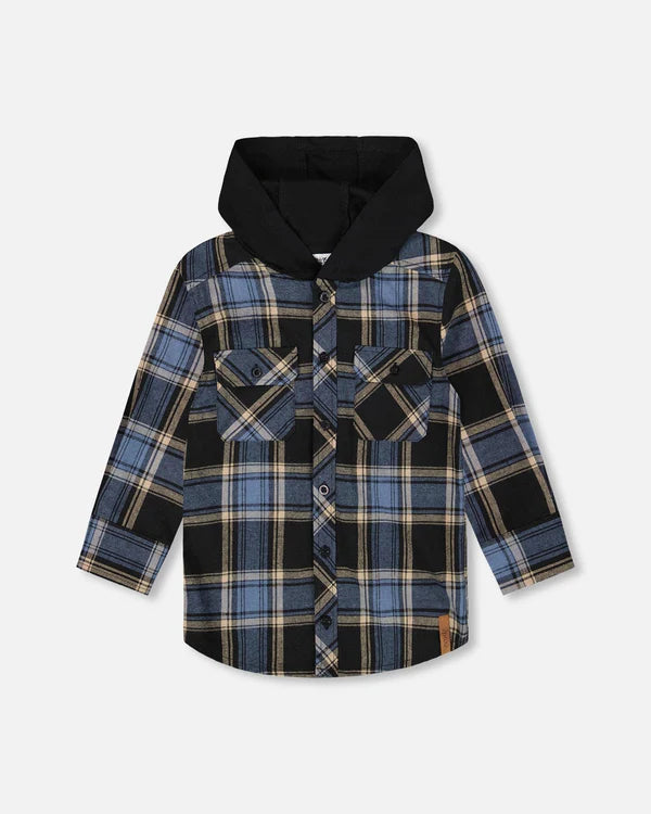 Deux Par Deux Boys Flannel Shirt w/Jersey Hood   H20U14   Blue & Black Plaid **