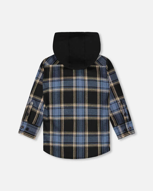 Deux Par Deux Boys Flannel Shirt w/Jersey Hood   H20U14   Blue & Black Plaid **