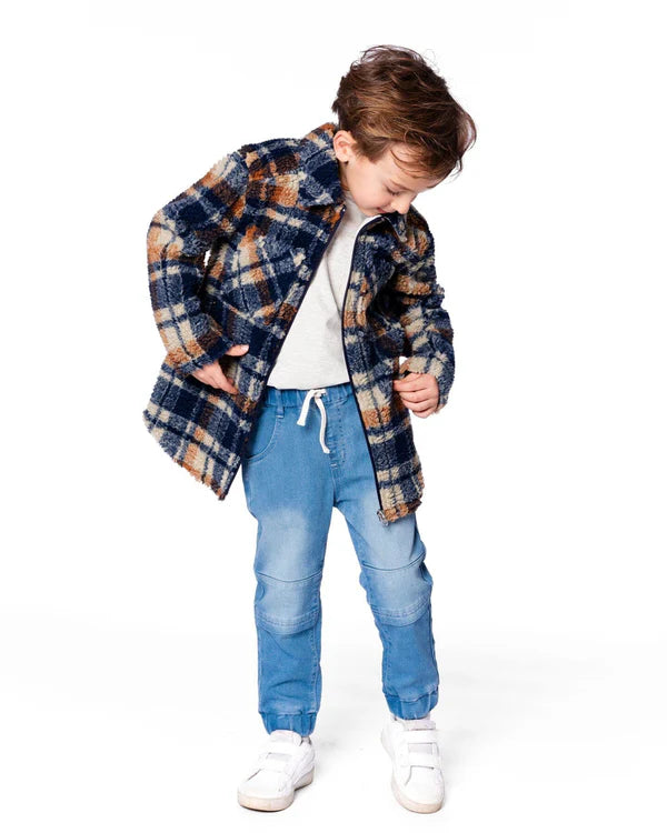 Deux Par Deux Boys Overshirt With Zipper & Pockets   H20U17   Navy & Brown Plaid