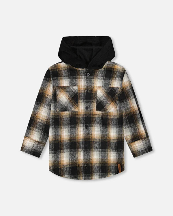 Deux Par Deux Boys Flannel Shirt With Polar Fleece Hood   H20U19   Black & Grey Plaid
