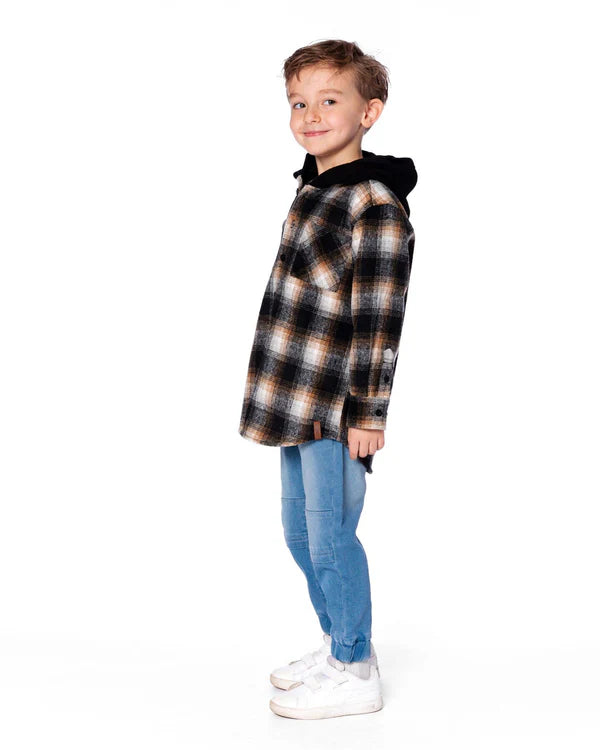 Deux Par Deux Boys Flannel Shirt With Polar Fleece Hood   H20U19   Black & Grey Plaid