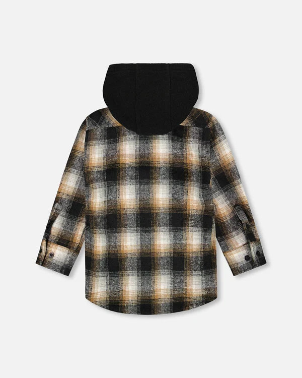 Deux Par Deux Boys Flannel Shirt With Polar Fleece Hood   H20U19   Black & Grey Plaid