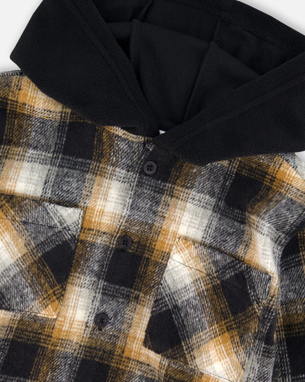 Deux Par Deux Boys Flannel Shirt With Polar Fleece Hood   H20U19   Black & Grey Plaid