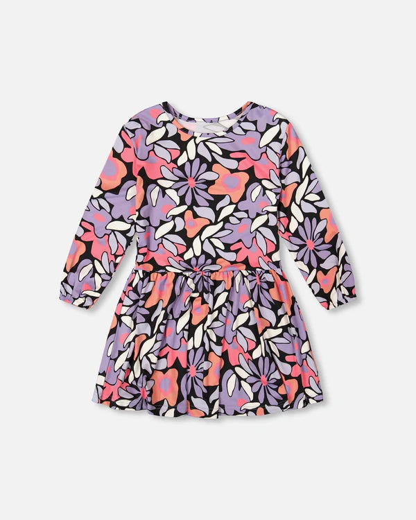 Deux Par Deux Jersey Dress Black Retro Flower Print   H20Z86   Printed Retro Flowers Black