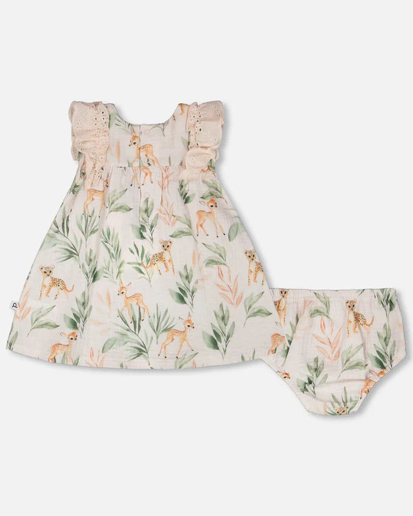 Deux Par Deux Muslin Dress and Bloomer Set   H30A14   Printed Leopard Jungle