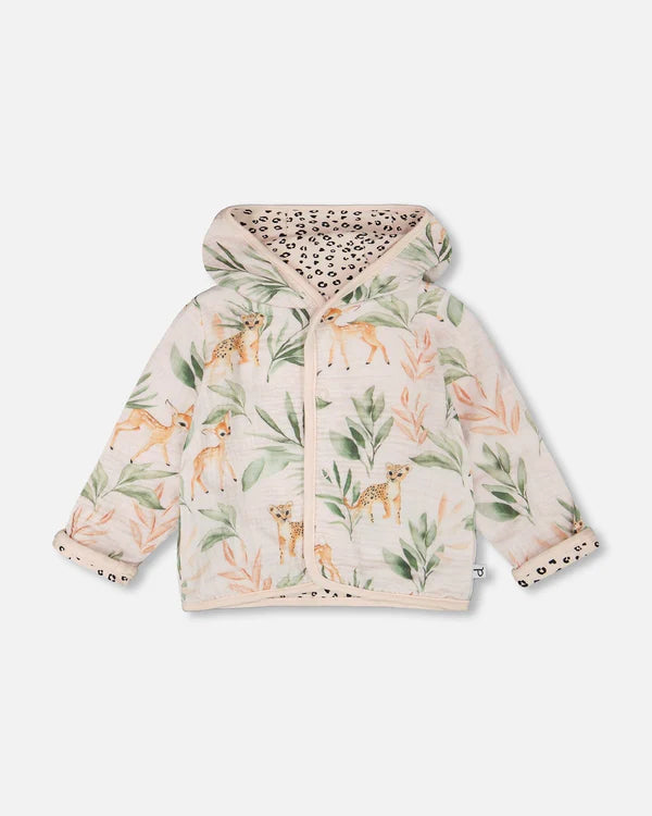 Deux Par Deux Baby Girl Reversible Hooded Jacket   H30A30   Printed Leopard Jungle