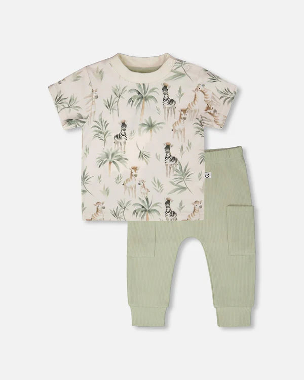 Deux Par Deux Baby Boy Tee Shirt And Pant Set   H30C14   Printed Zebra Jungle