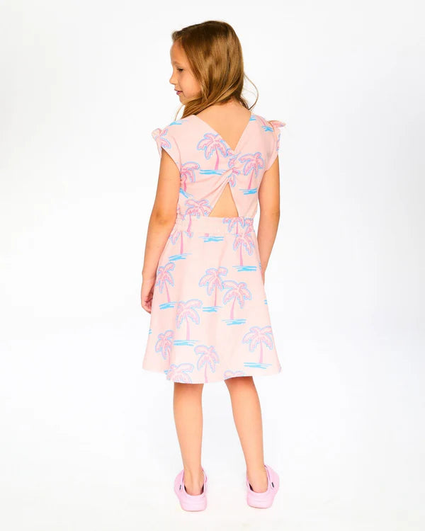 Deux Par Deux Girls French Terry Dress   H30G87   Printed Palmtrees