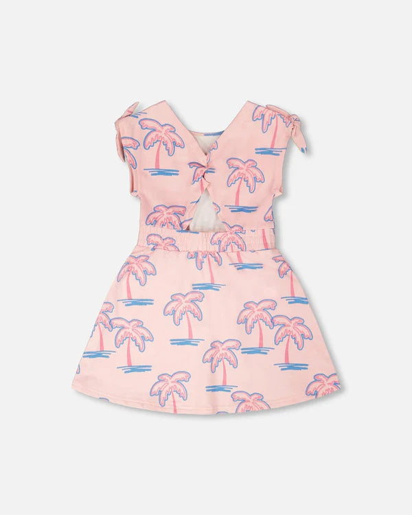 Deux Par Deux Girls French Terry Dress   H30G87   Printed Palmtrees