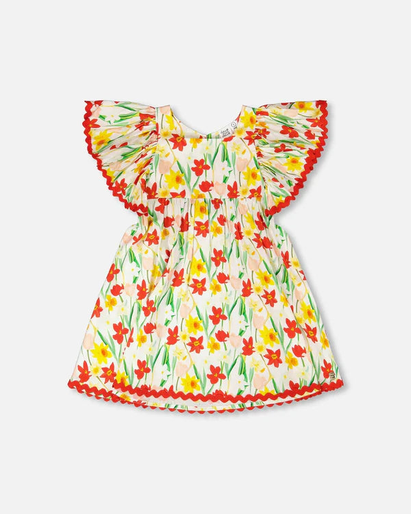 Deux Par Deux Girls Daffadil Print Dress   H30H85   Printed Daffodils