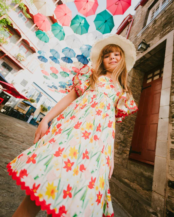 Deux Par Deux Girls Daffadil Print Dress   H30H85   Printed Daffodils