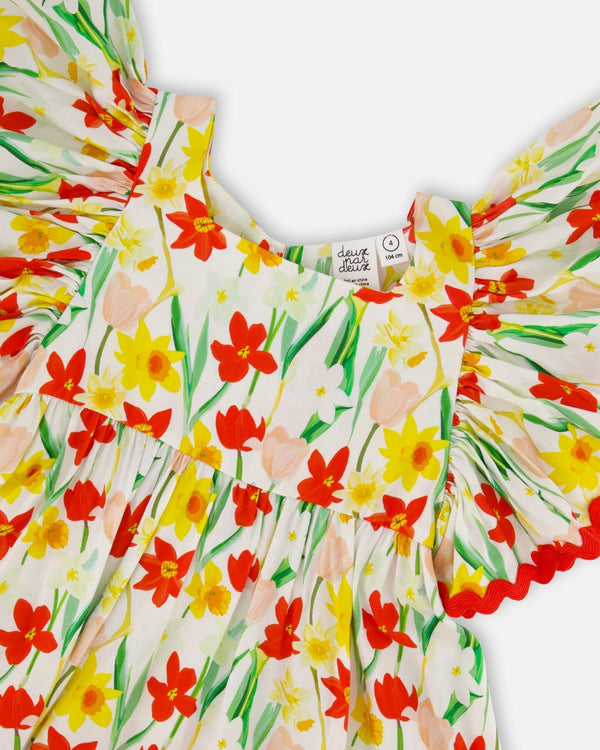Deux Par Deux Girls Daffadil Print Dress   H30H85   Printed Daffodils