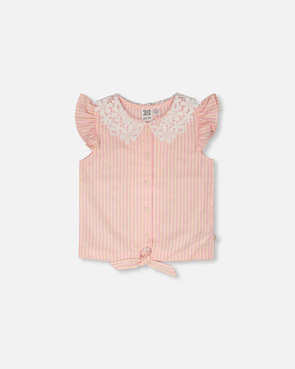 Deux Par Deux Girls Shirt With Lace Collar   H30I15   Yellow Pink Stripe