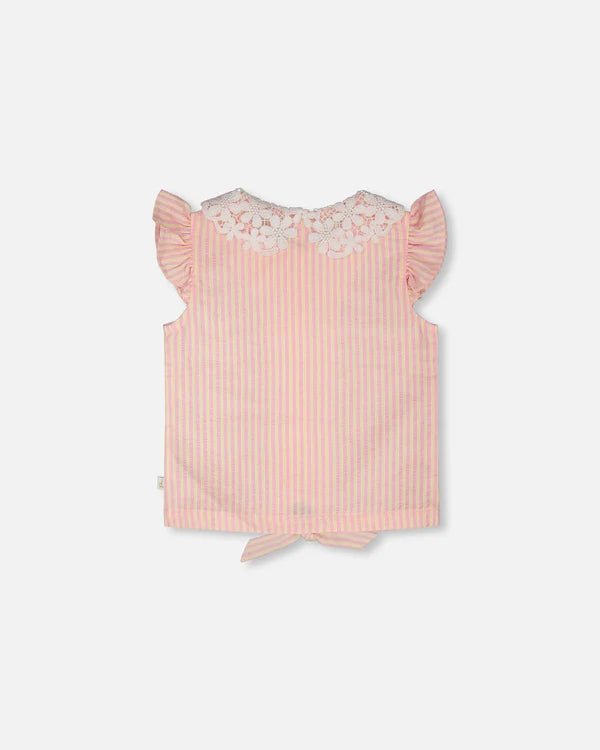 Deux Par Deux Girls Shirt With Lace Collar   H30I15   Yellow Pink Stripe