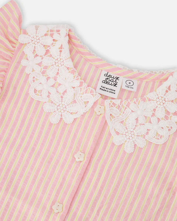 Deux Par Deux Girls Shirt With Lace Collar   H30I15   Yellow Pink Stripe