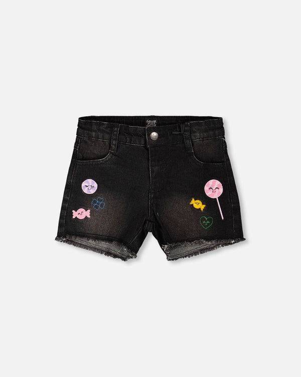 Deux Par Deux Girls Denim Shorts With Embroidery   H30J26   Black Denim