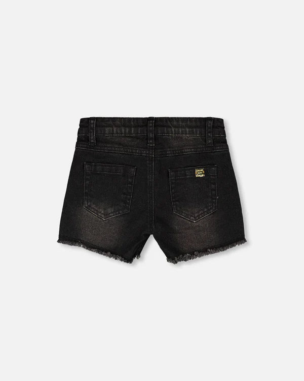 Deux Par Deux Girls Denim Shorts With Embroidery   H30J26   Black Denim