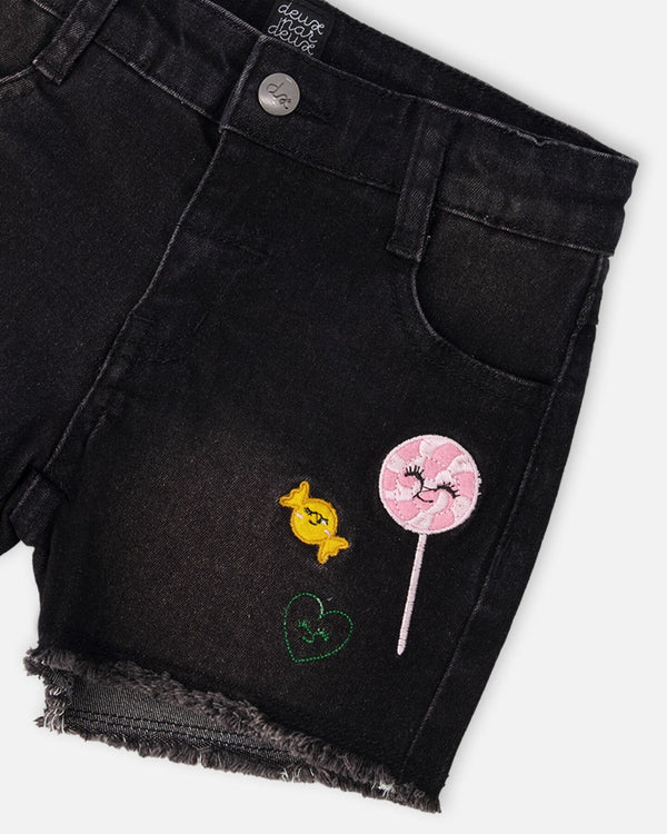 Deux Par Deux Girls Denim Shorts With Embroidery   H30J26   Black Denim