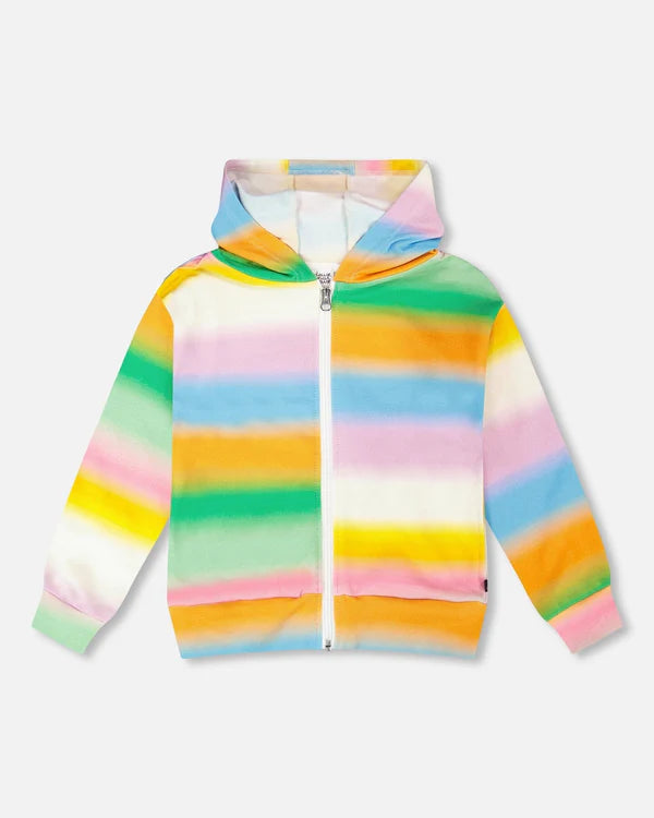 Deux Par Deux French Terry Front Zip Hoodie   H30J30   Printed Rainbow Stripes