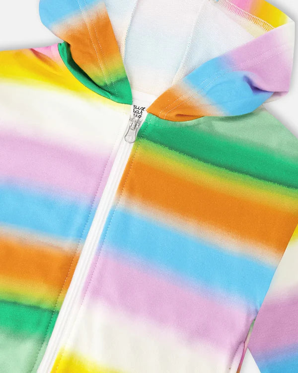 Deux Par Deux French Terry Front Zip Hoodie   H30J30   Printed Rainbow Stripes