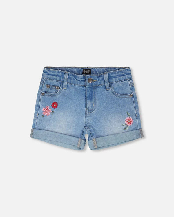 Deux Par Deux Girls Denim Shorts With Embroidery   H30K28   Light Blue Denim