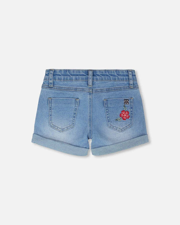 Deux Par Deux Girls Denim Shorts With Embroidery   H30K28   Light Blue Denim