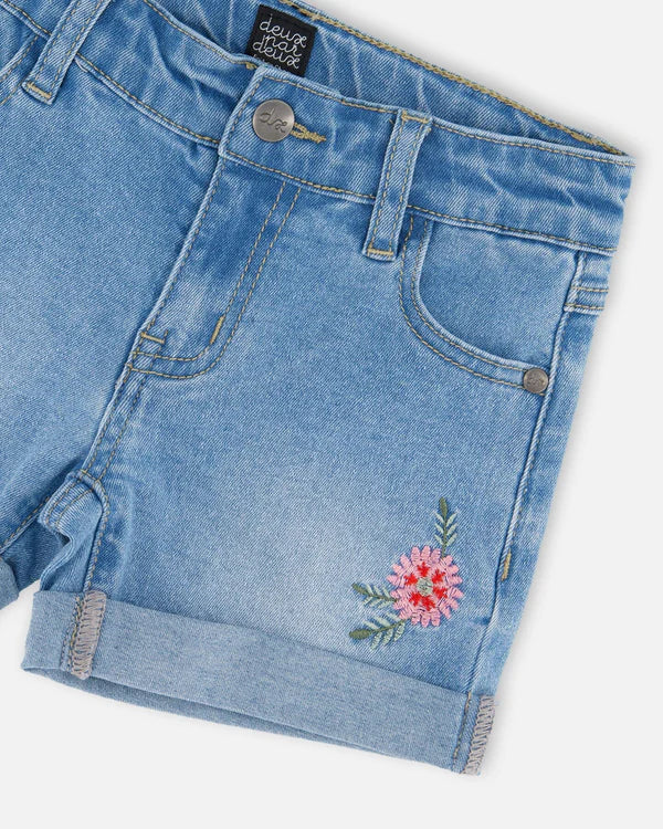 Deux Par Deux Girls Denim Shorts With Embroidery   H30K28   Light Blue Denim