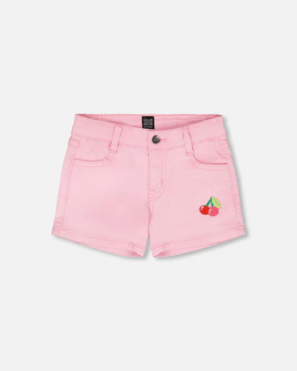 Deux Par Deux Girls Denim Shorts With Embroidery   H30L27   Prism Pink