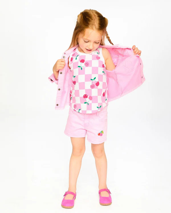 Deux Par Deux Girls Denim Shorts With Embroidery   H30L27   Prism Pink