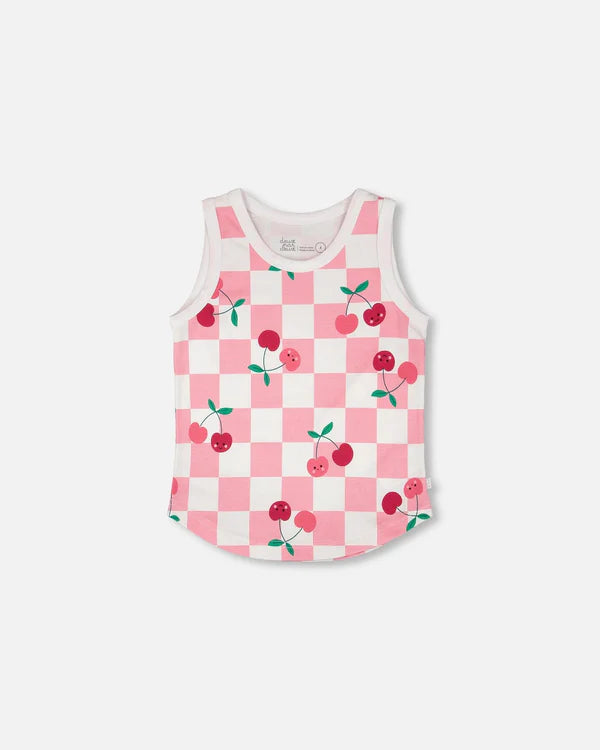 Deux Par Deux Girls Jersey Tank Top   H30L72   Printed Cherry On The Check