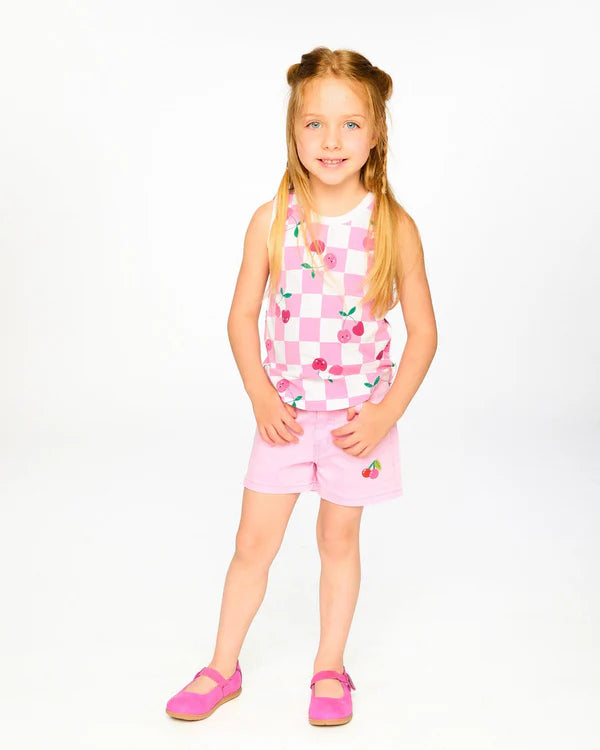 Deux Par Deux Girls Jersey Tank Top   H30L72   Printed Cherry On The Check
