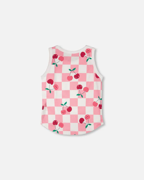 Deux Par Deux Girls Jersey Tank Top   H30L72   Printed Cherry On The Check