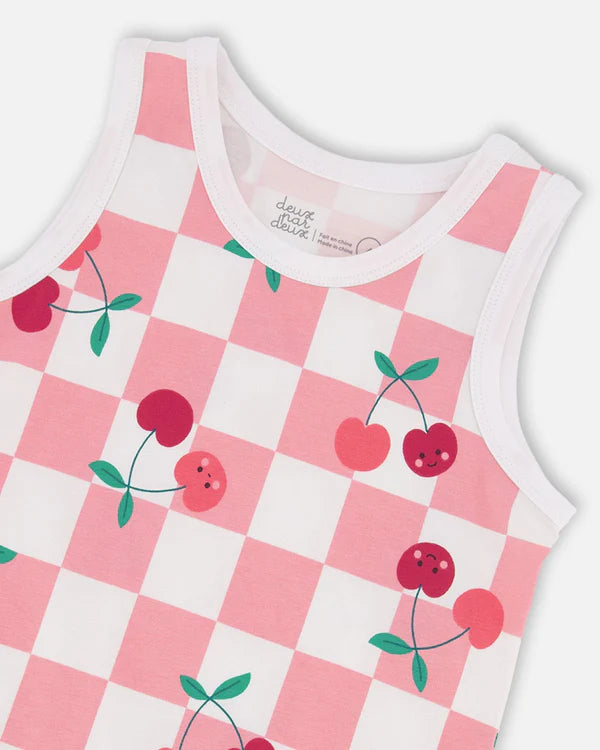 Deux Par Deux Girls Jersey Tank Top   H30L72   Printed Cherry On The Check