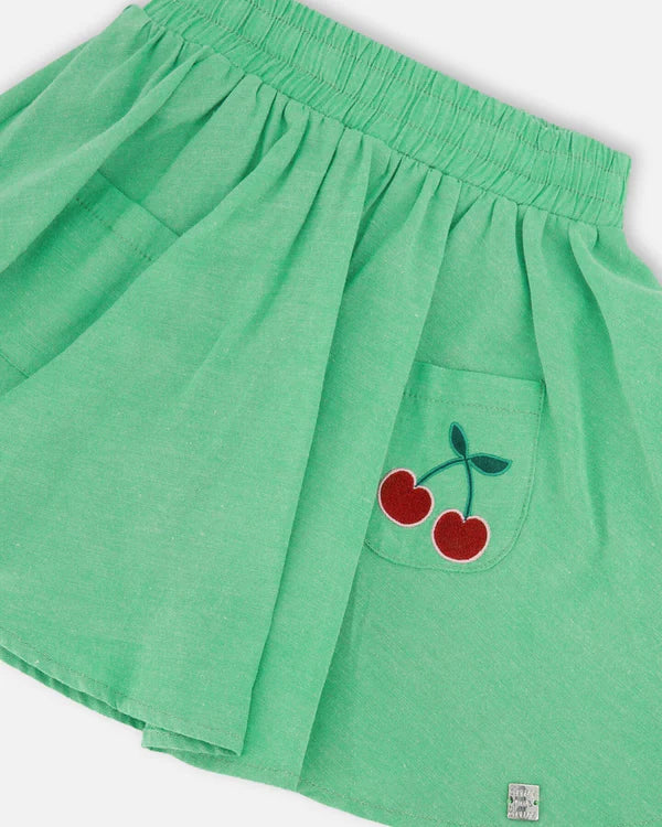 Deux Par Deux Girls Skort With Embroidered Cherris   H30L80   Golf Green