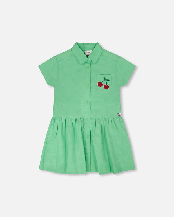 Deux Par Deux Girls Dress Shirt Dress With Embroidered Cherries   H30L88   Golf Green