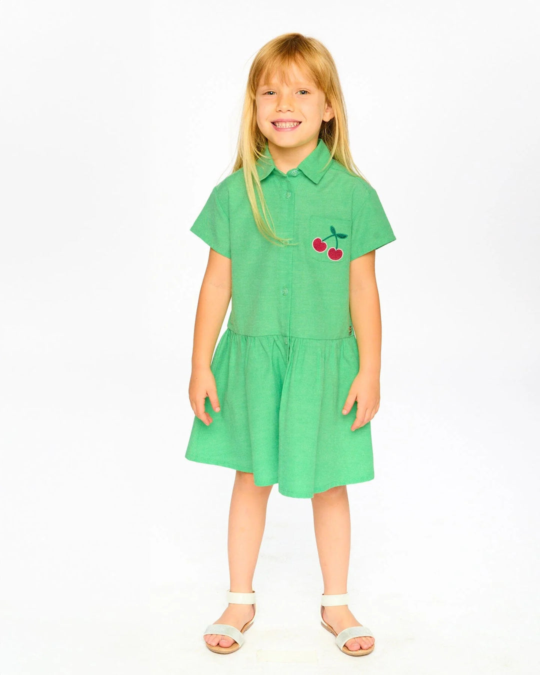 Deux Par Deux Girls Dress Shirt Dress With Embroidered Cherries   H30L88   Golf Green