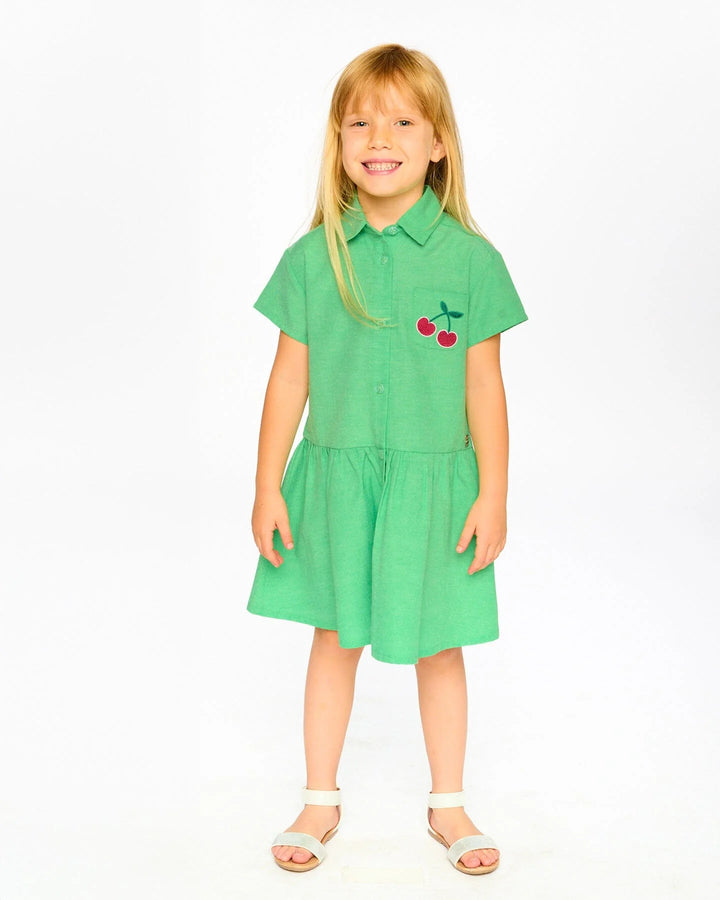 Deux Par Deux Girls Dress Shirt Dress With Embroidered Cherries   H30L88   Golf Green