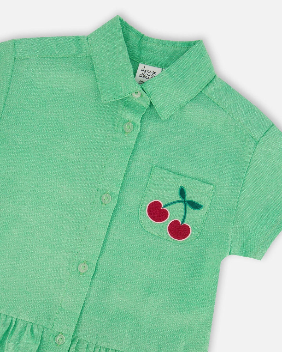 Deux Par Deux Girls Dress Shirt Dress With Embroidered Cherries   H30L88   Golf Green