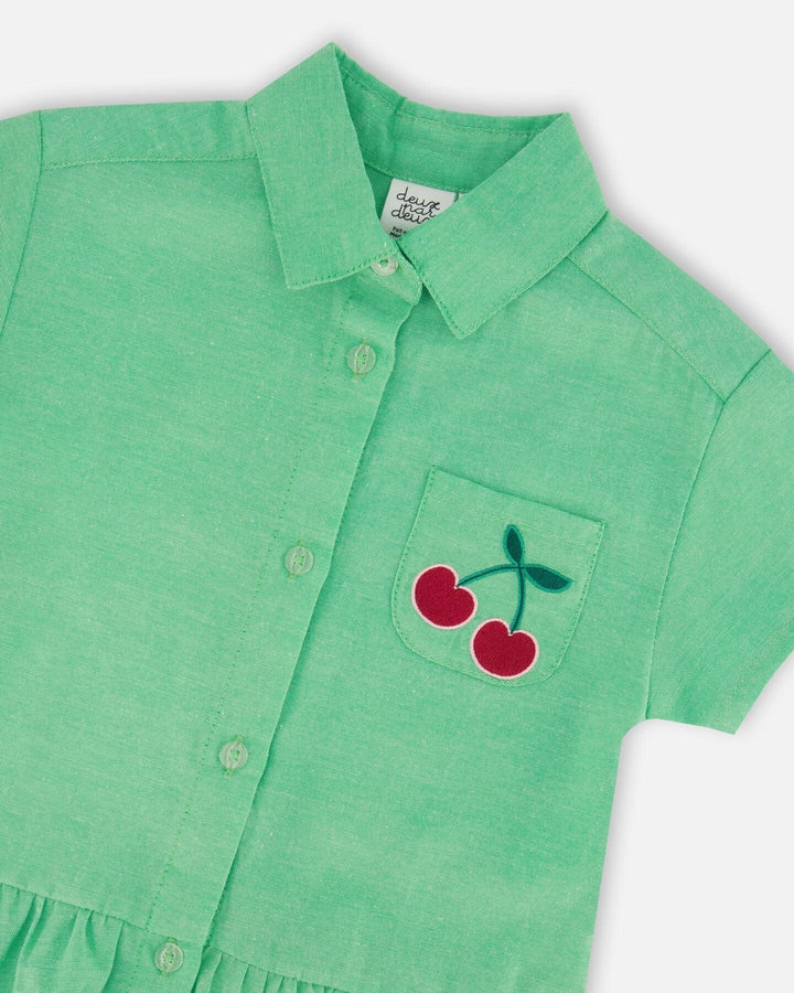 Deux Par Deux Girls Dress Shirt Dress With Embroidered Cherries   H30L88   Golf Green