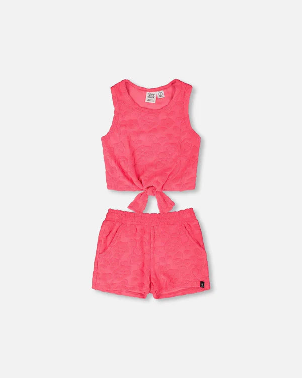 Deux Par Deux Girls Terry Top And Shorts Set   H30OG13   Pink Vines