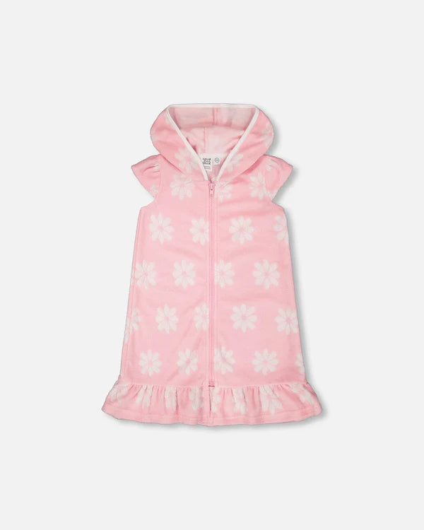 Deux Par Deux Girls Beach Dress with Zip & Hoodie   H30OG80   White Flowers On Pink