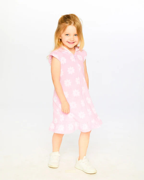 Deux Par Deux Girls Beach Dress with Zip & Hoodie   H30OG80   White Flowers On Pink