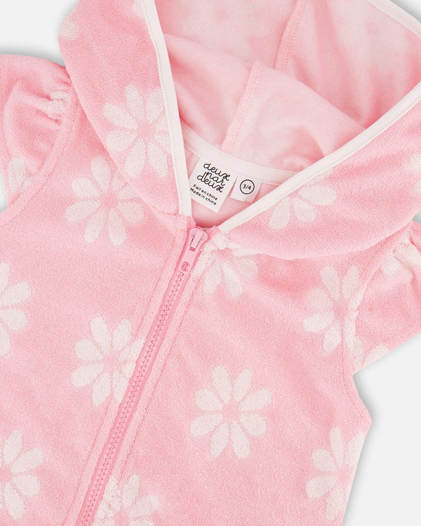 Deux Par Deux Girls Beach Dress with Zip & Hoodie   H30OG80   White Flowers On Pink