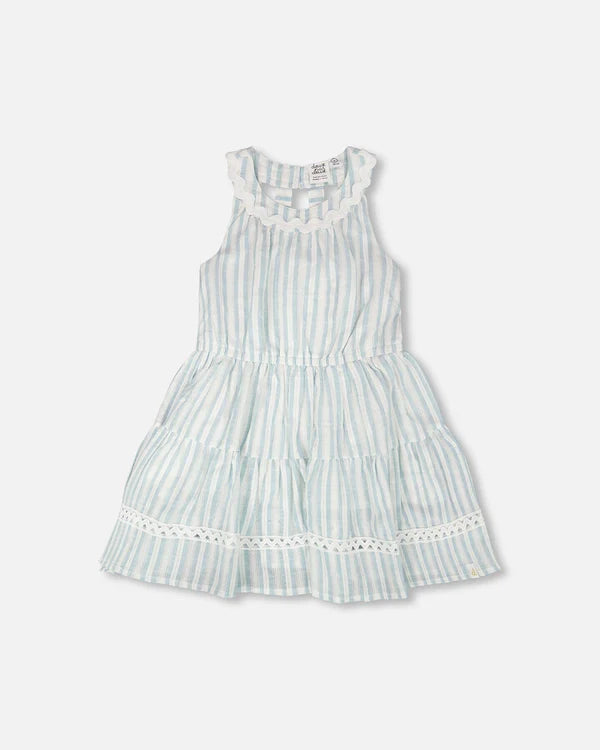 Deux Par Deux Girls Tiered Dress   H30Q89    Light Blue Eyelet Stripe