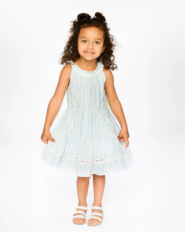 Deux Par Deux Girls Tiered Dress   H30Q89    Light Blue Eyelet Stripe