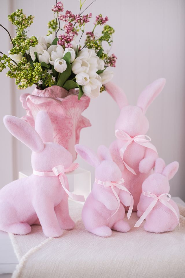 Raz Flocked Bunny -  Pastel Pink