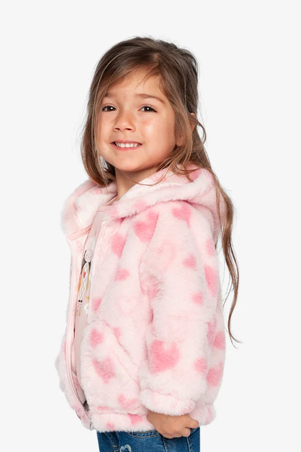 Deux Par Deux Girls Faux Fur Jacket With Hood   J20F50   Jacquard Hearts