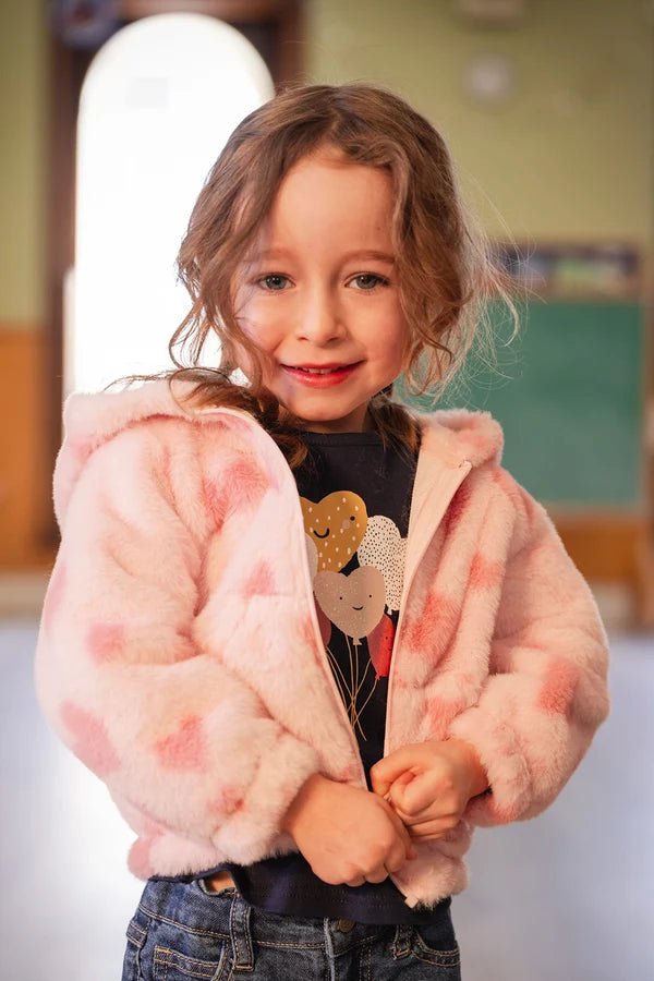 Deux Par Deux Girls Faux Fur Jacket With Hood   J20F50   Jacquard Hearts